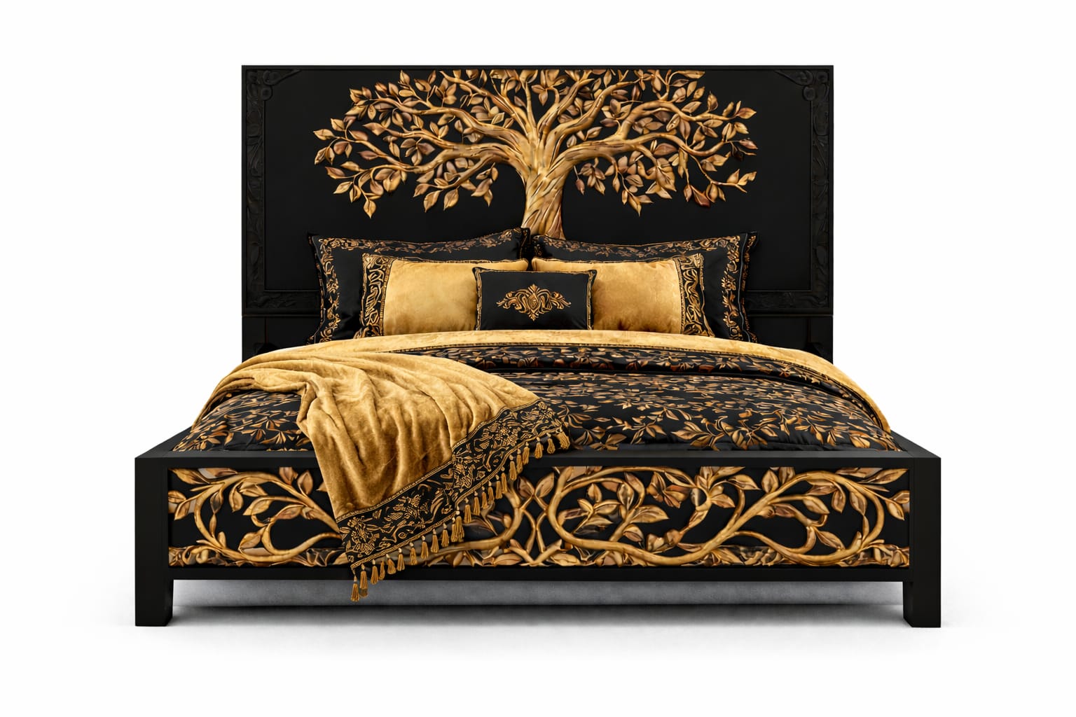 Arbor Vitae Royale™ Hand - Carved Tree of Life Solid Wood Platform Bed / Bed Collection – handcrafted solid wood furniture