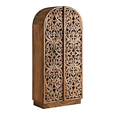Sitra Arched Natural Floral Hand Carved Wood  Storage Cabinet