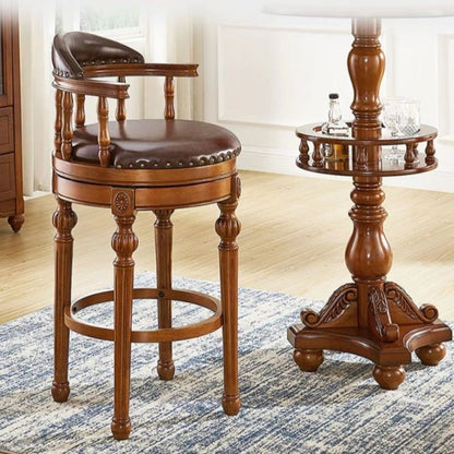 Arrow Solid Wood Round Top Bistro Stool with Foot Pedestal, and Nailhead Embellishment – handcrafted solid wood furniture