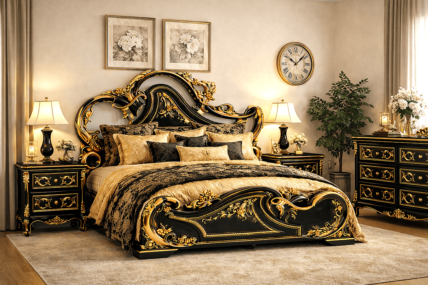 Aurum Noir Élysée™ Hand - Carved Solid Wood Platform Bed & Bedroom Collection – handcrafted solid wood furniture
