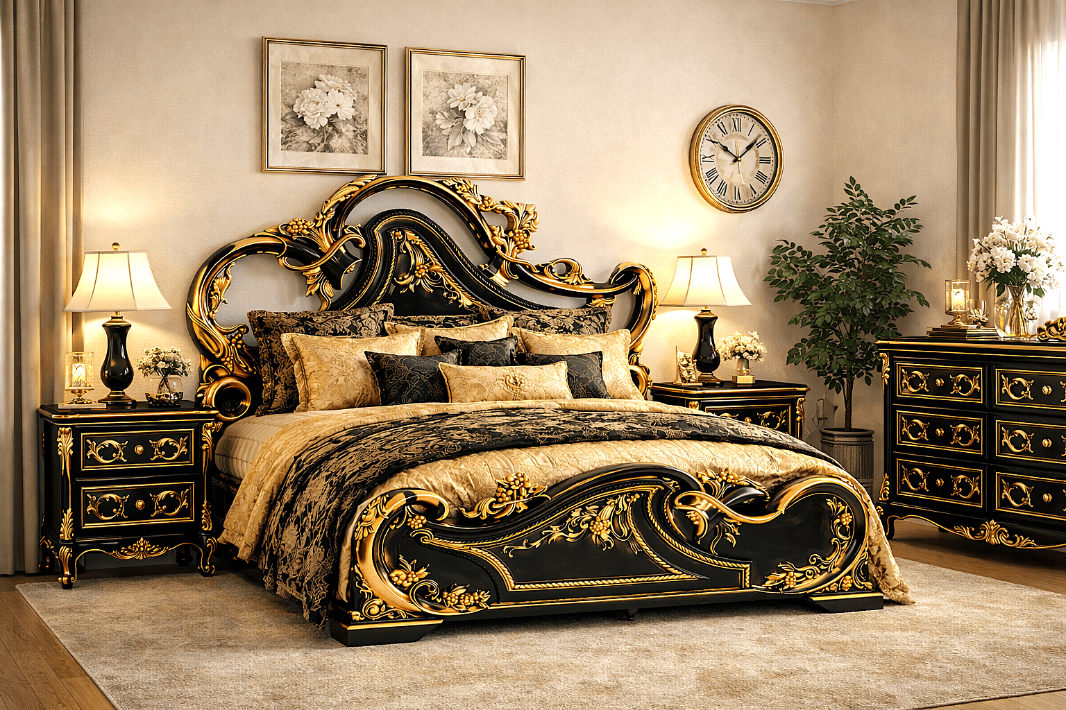 Aurum Noir Élysée™ Hand - Carved Solid Wood Platform Bed & Bedroom Collection – handcrafted solid wood furniture