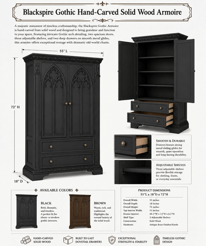 Blackspire™ Gothic Hand-Carved Solid Wood Armoire – handcrafted solid wood furniture