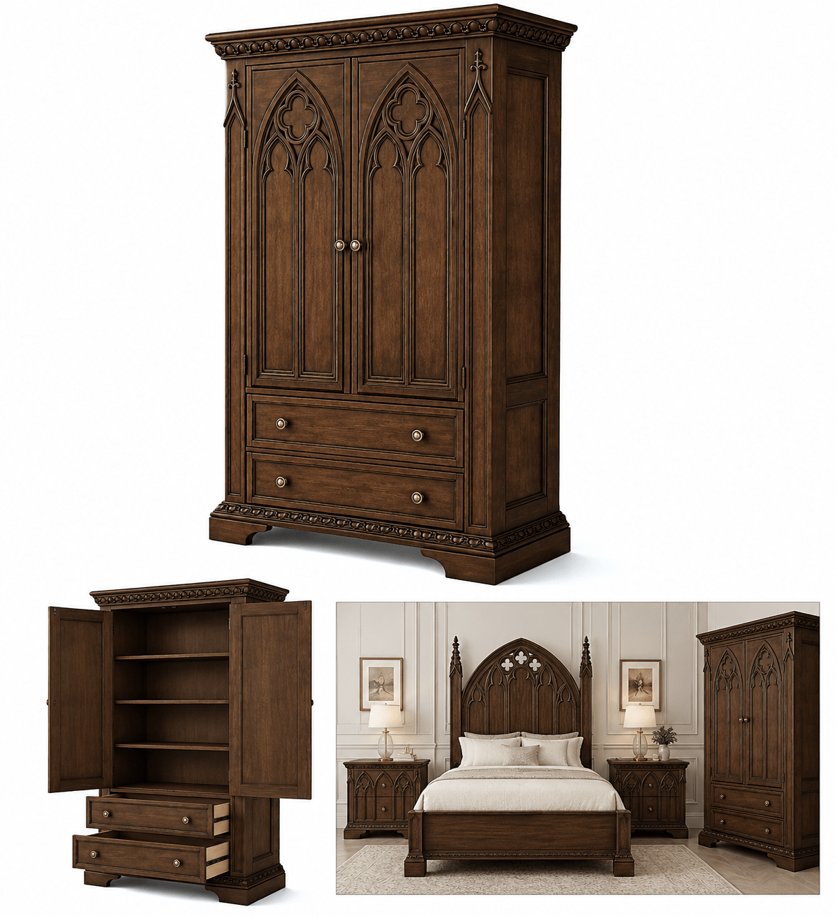 Blackspire™ Gothic Hand-Carved Solid Wood Armoire – handcrafted solid wood furniture