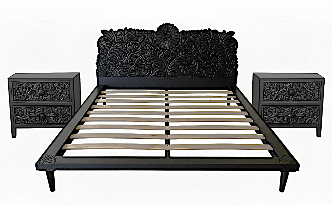Bohemian Style Hand carved Indian Wooden Floral Platform Bed – handcrafted solid wood furniture