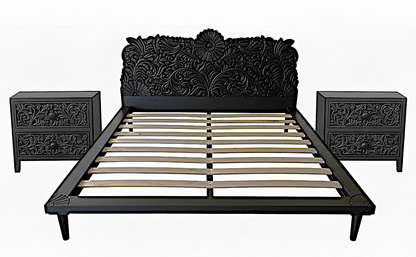 Bohemian Style Hand carved Indian Wooden Floral Platform Bed – handcrafted solid wood furniture