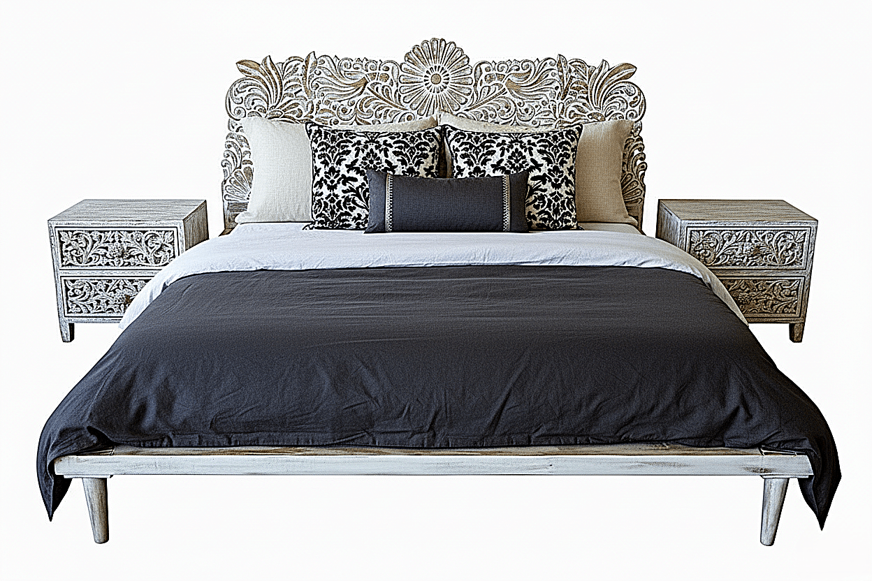 Bohemian Style Hand carved Indian Wooden Floral Platform Bed – handcrafted solid wood furniture