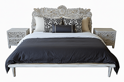 Bohemian Style Hand carved Indian Wooden Floral Platform Bed – handcrafted solid wood furniture