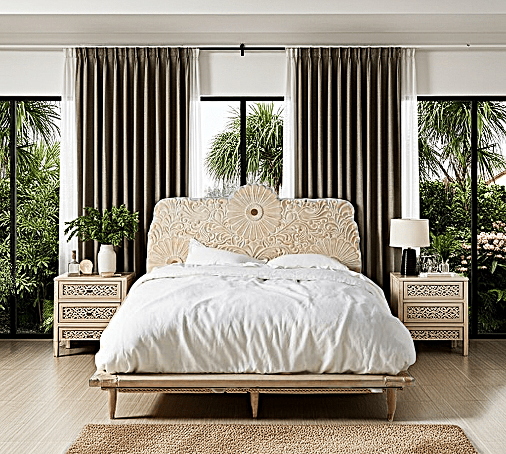 Bohemian Style Hand carved Indian Wooden Floral Platform Bed – handcrafted solid wood furniture