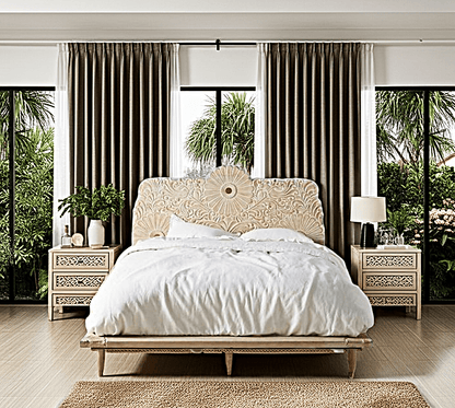 Bohemian Style Hand carved Indian Wooden Floral Platform Bed – handcrafted solid wood furniture