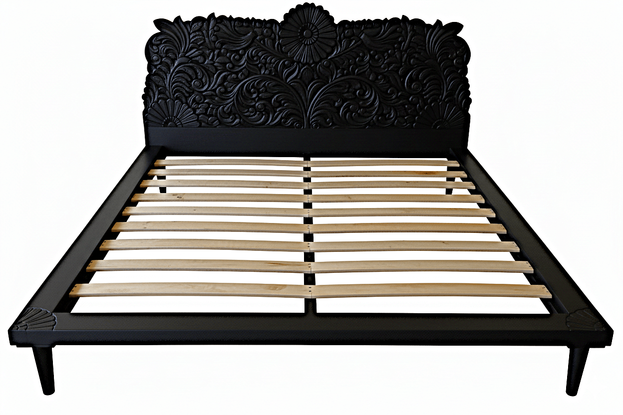 Bohemian Style Hand carved Indian Wooden Floral Platform Bed – handcrafted solid wood furniture