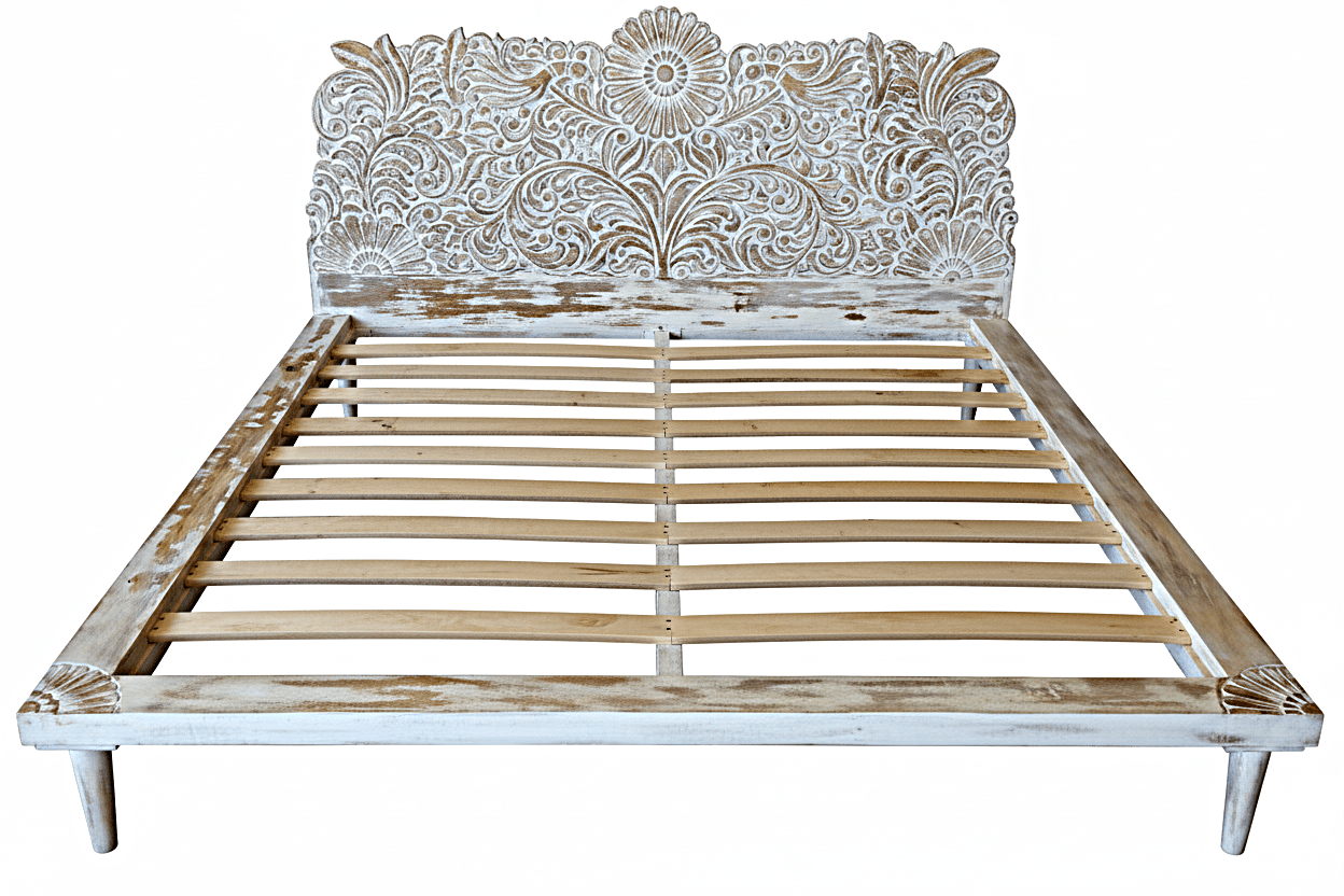 Bohemian Style Hand carved Indian Wooden Floral Platform Bed – handcrafted solid wood furniture