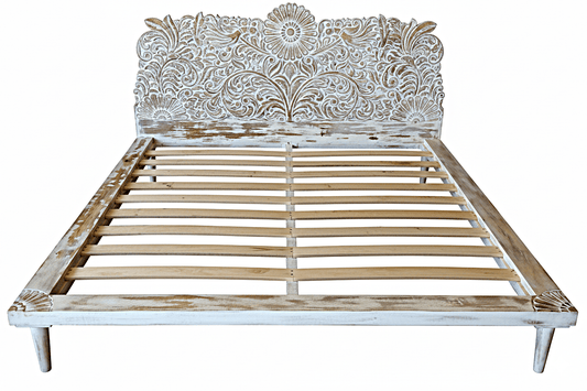 Bohemian Style Hand carved Indian Wooden Floral Platform Bed – handcrafted solid wood furniture