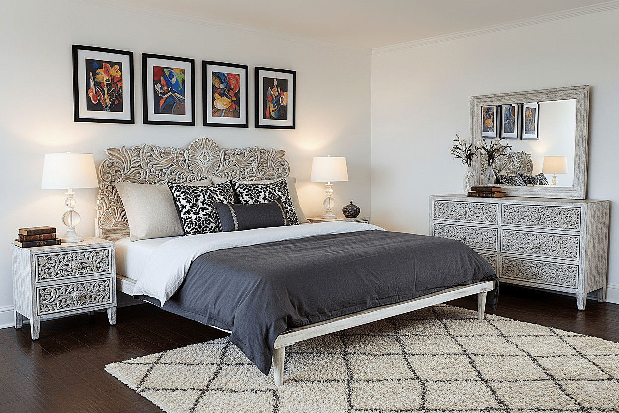 Bohemian Style Hand carved Indian Wooden Floral Platform Bed – handcrafted solid wood furniture