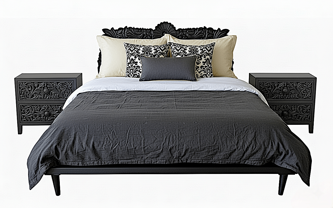 Bohemian Style Hand carved Indian Wooden Floral Platform Bed – handcrafted solid wood furniture