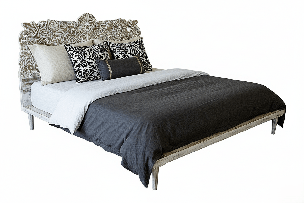 Bohemian Style Hand carved Indian Wooden Floral Platform Bed – handcrafted solid wood furniture