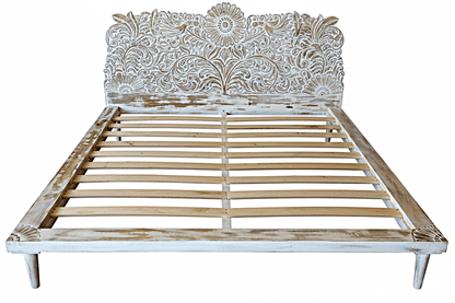 Bohemian Style Hand carved Indian Wooden Floral Platform Bed – handcrafted solid wood furniture