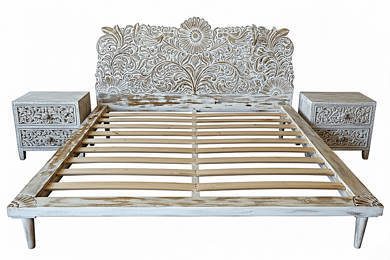 Bohemian Style Hand carved Indian Wooden Floral Platform Bed – handcrafted solid wood furniture