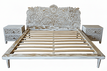 Bohemian Style Hand carved Indian Wooden Floral Platform Bed – handcrafted solid wood furniture