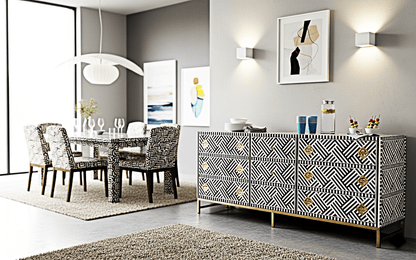 Bone Inlay Handmade Dresser of Drawer Black and white color with 9 drawers—handcrafted solid wood furniture