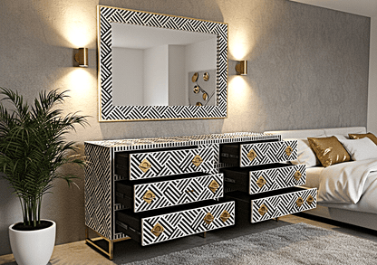Bone Inlay Handmade Dresser of Drawer Black and white color with 9 drawers – handcrafted solid wood furniture