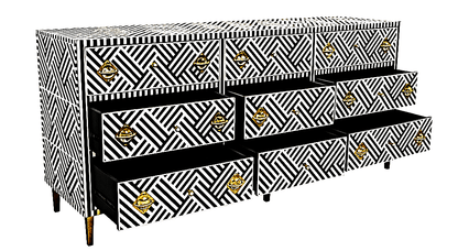Bone Inlay Handmade Dresser of Drawer Black and white color with 9 drawers – handcrafted solid wood furniture