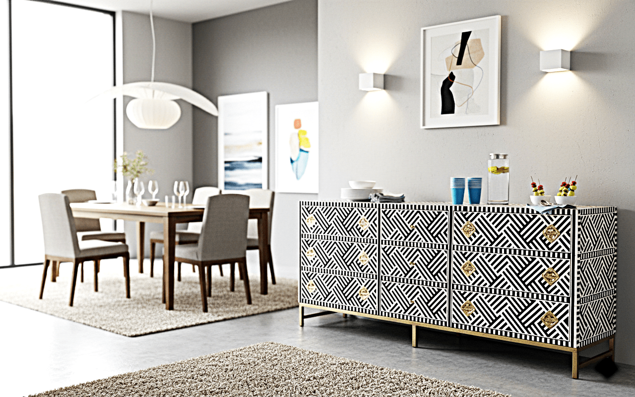 Bone Inlay Handmade Dresser of Drawer Black and white color with 9 drawers – handcrafted solid wood furniture