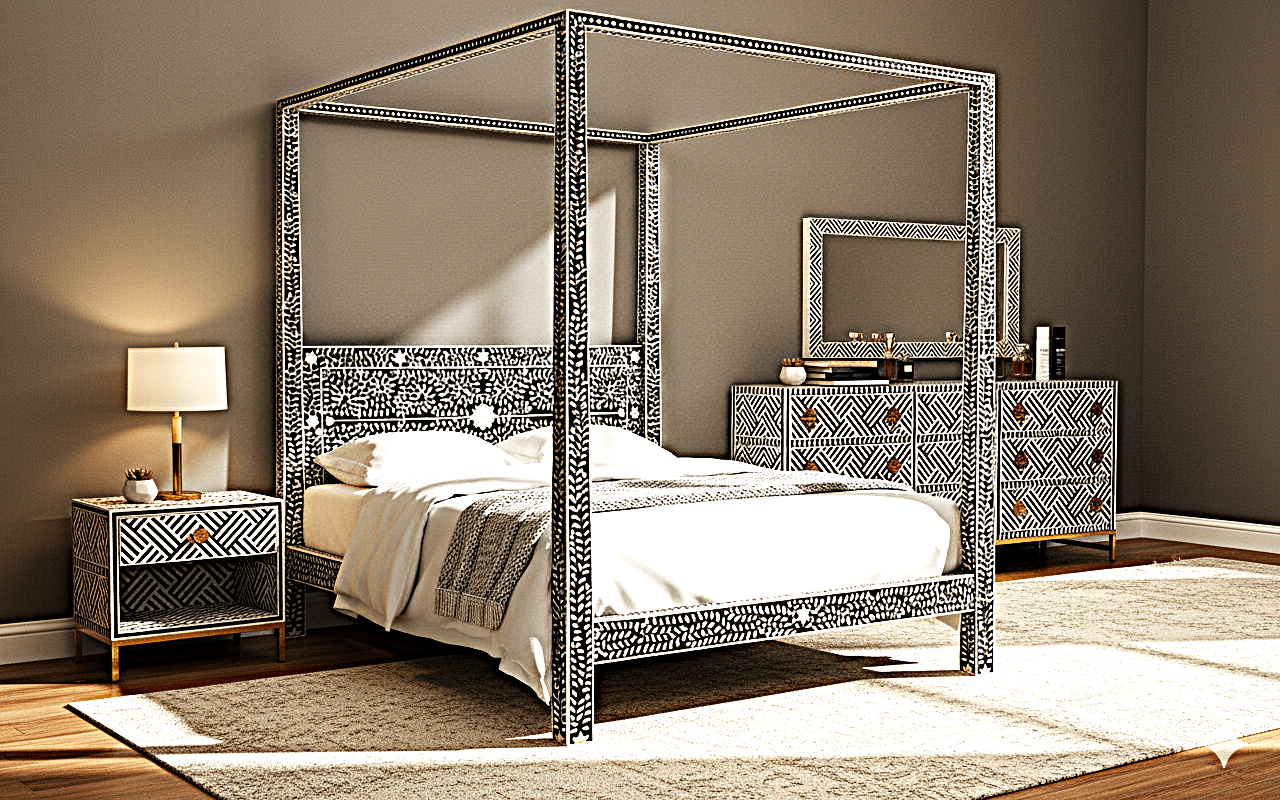 Bone Inlay Handmade Dresser of Drawer Black and white color with 9 drawers – handcrafted solid wood furniture