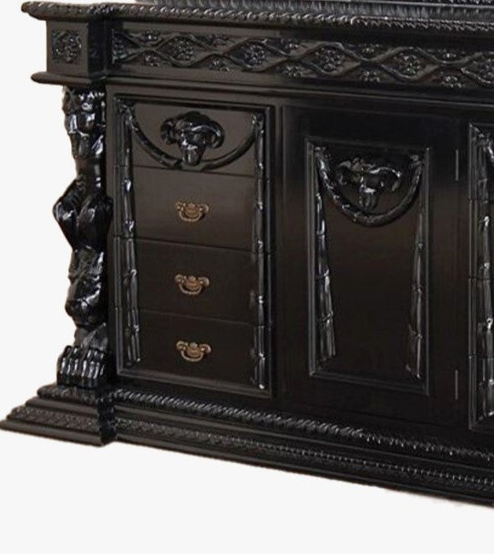 gothic black dresser SOLD Antique Victorian three drawer dresser with gothic details in solid black with dark stained top. Unfortunately one of the beautiful original pulls was broken so I replaced them all with this