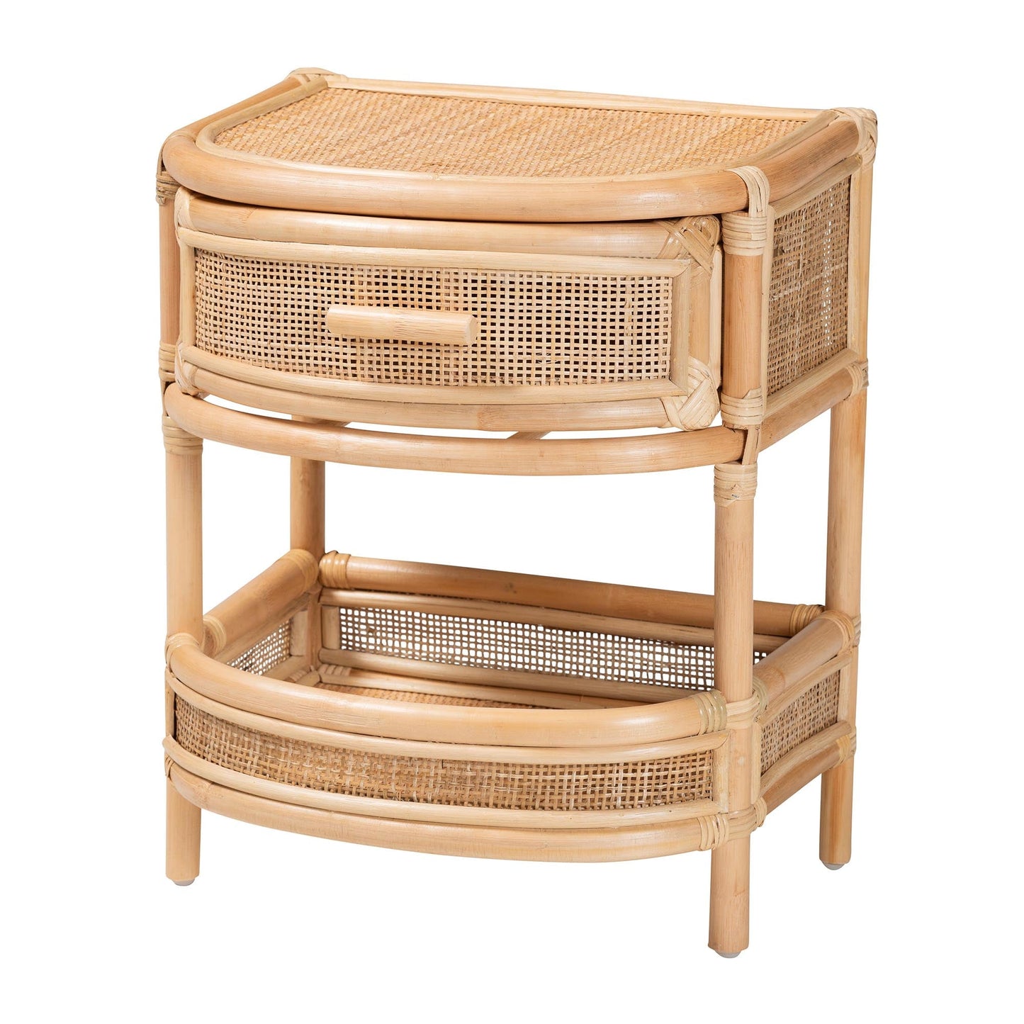 Calvin & Bay Natural Bohemian Rattan 1 Drawer with Open Shelf Bedside – handcrafted solid wood furniture