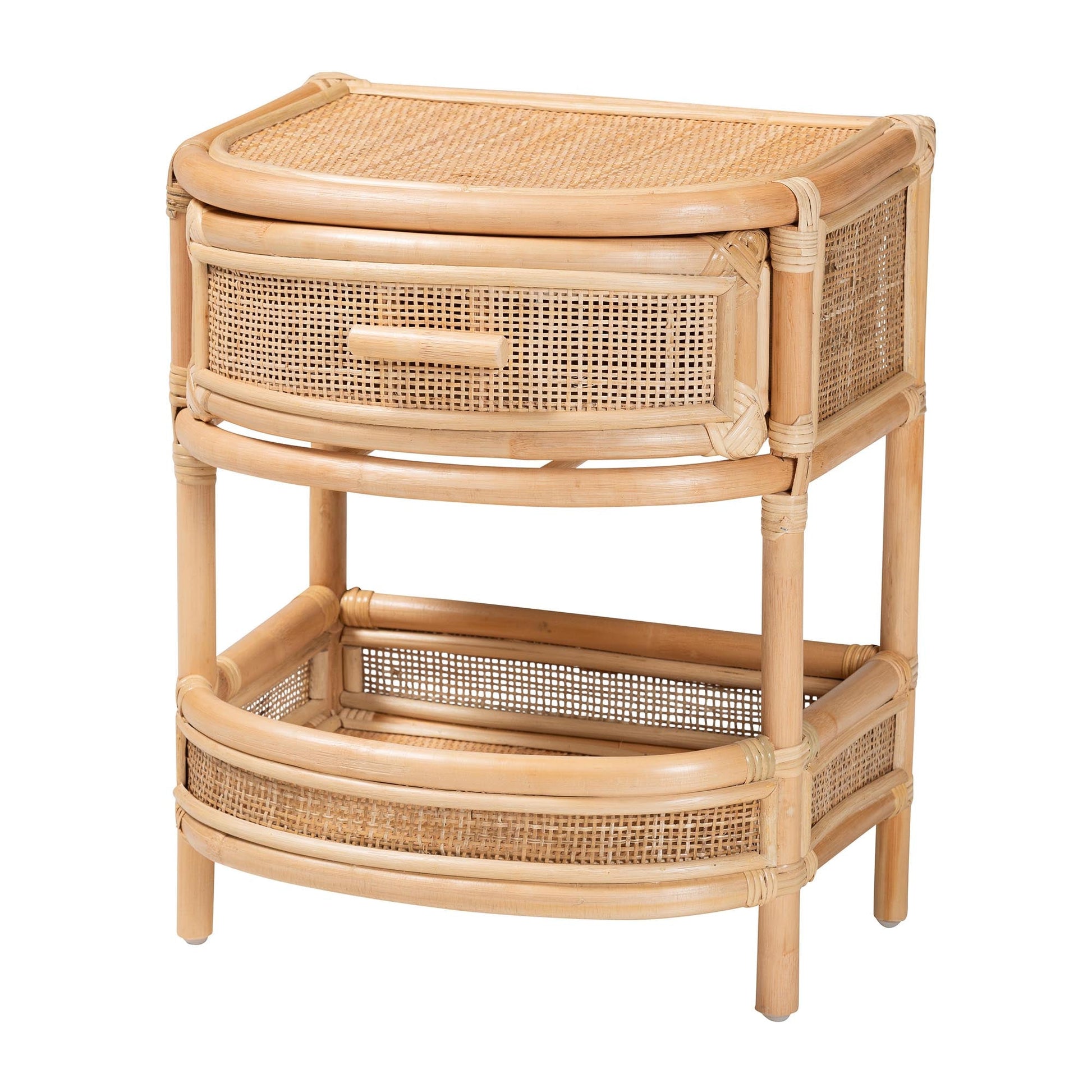 Calvin & Bay Natural Bohemian Rattan 1 Drawer with Open Shelf Bedside – handcrafted solid wood furniture
