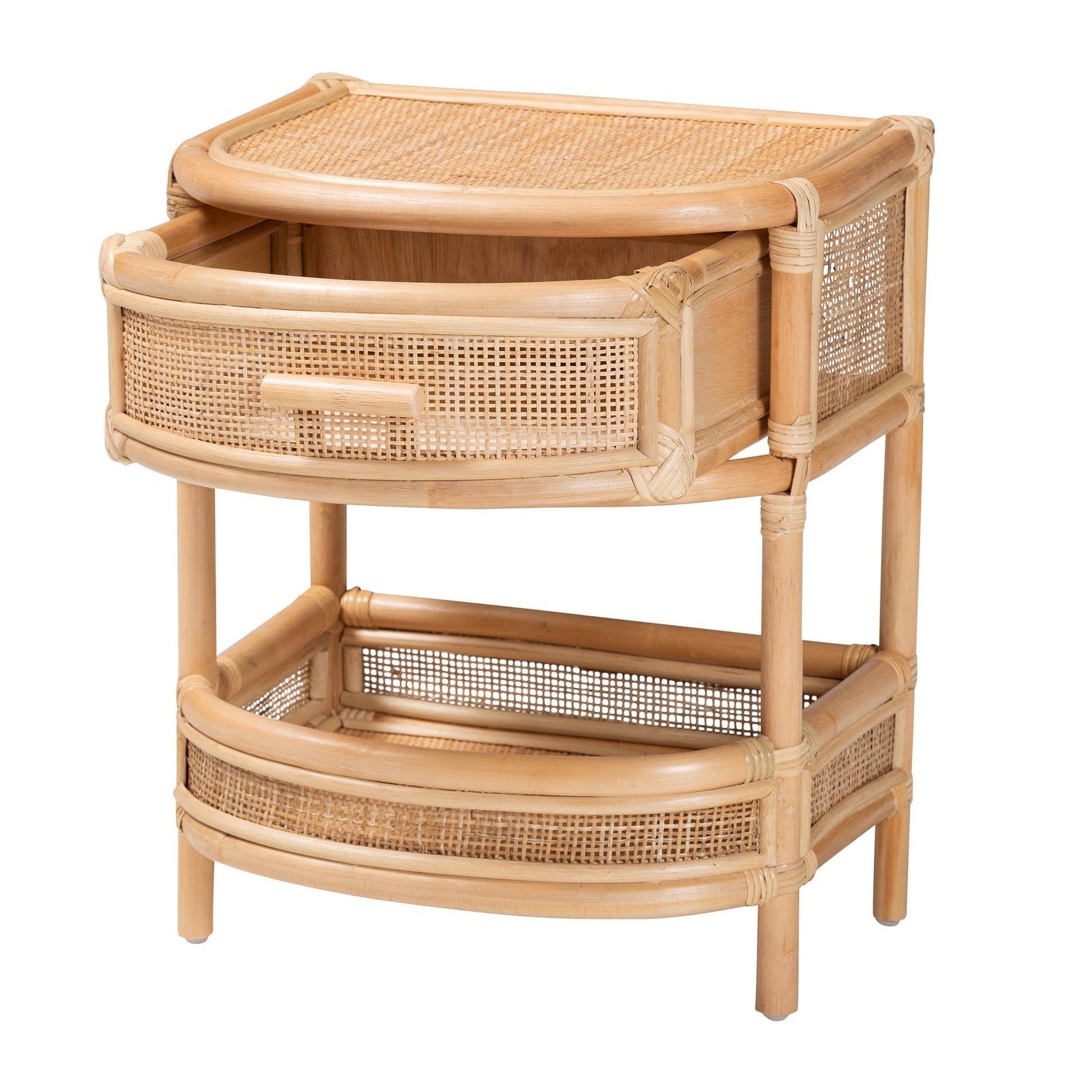Calvin & Bay Natural Bohemian Rattan 1 Drawer with Open Shelf Bedside / Nightstand – handcrafted solid wood furniture