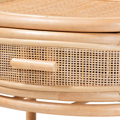 Calvin & Bay Natural Bohemian Rattan 1 Drawer with Open Shelf Bedside / Nightstand – handcrafted solid wood furniture