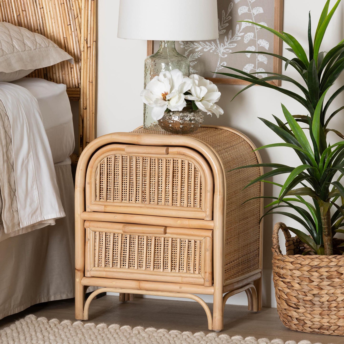 Calvin & Bay Natural Bohemian Rattan 2 Drawer Bedside / Nightstand – handcrafted solid wood furniture