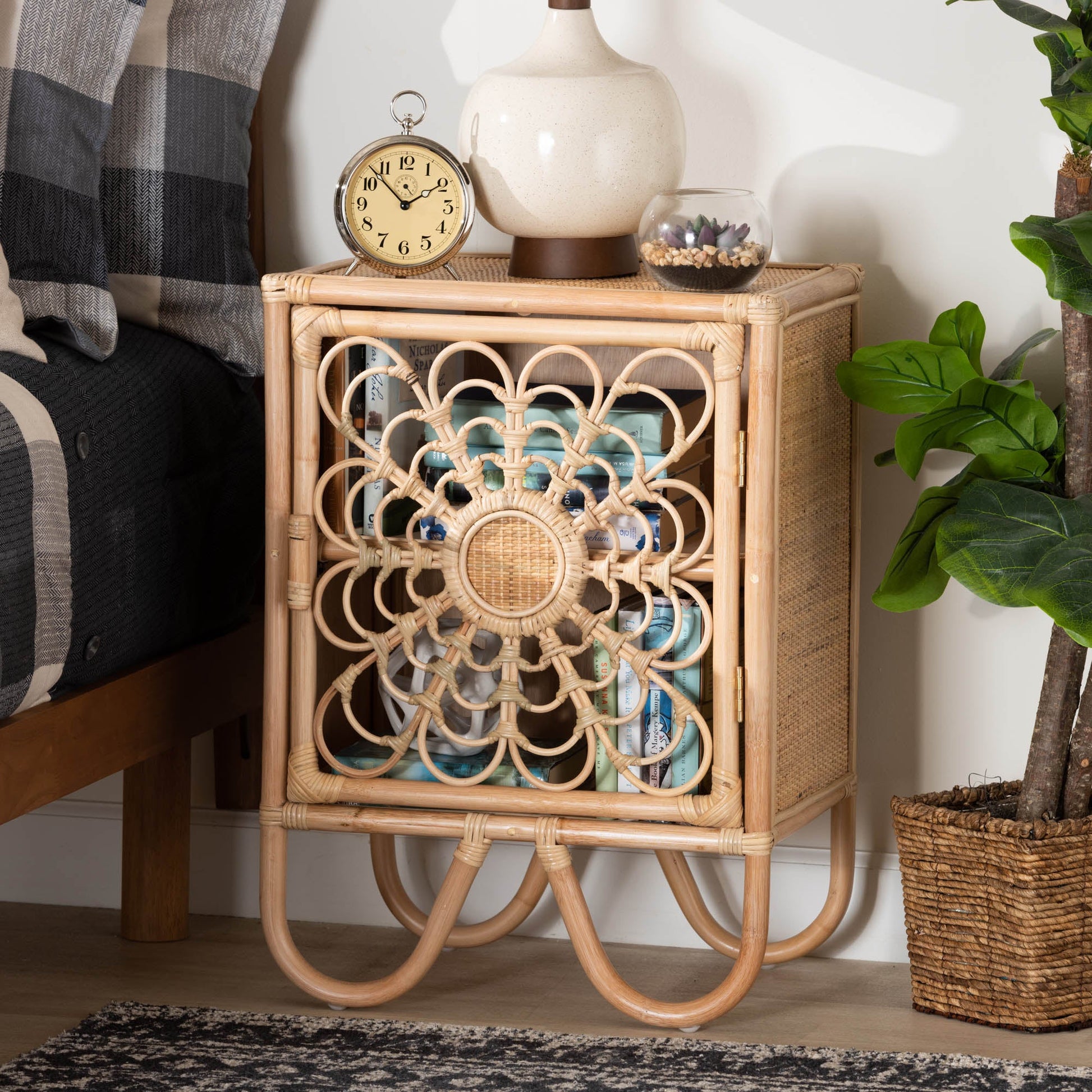 Calvin & Bay Natural Bohemian Rattan Bedside / Nightstand – handcrafted solid wood furniture