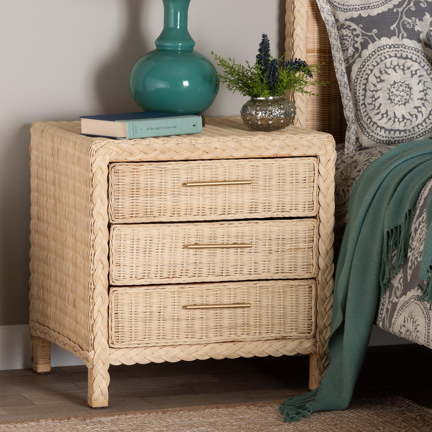 Calvin Bohemian Natural Rattan 1 - drawer Bedside / Nightstand – handcrafted solid wood furniture