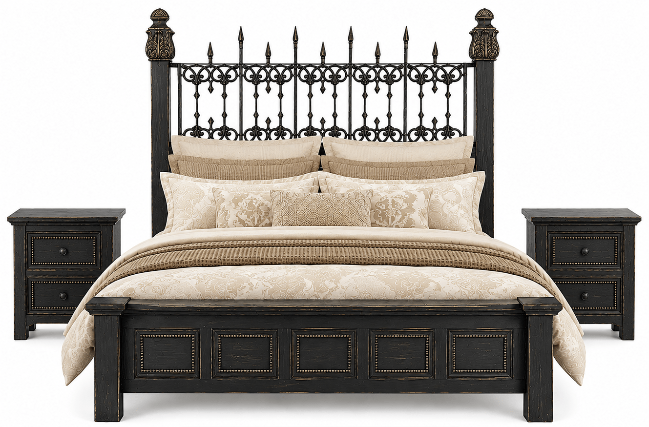 Castilla Forge™ Rustic Gothic Solid Wood &amp; Wrought Iron Platform Bed Collection – handcrafted solid wood furniture