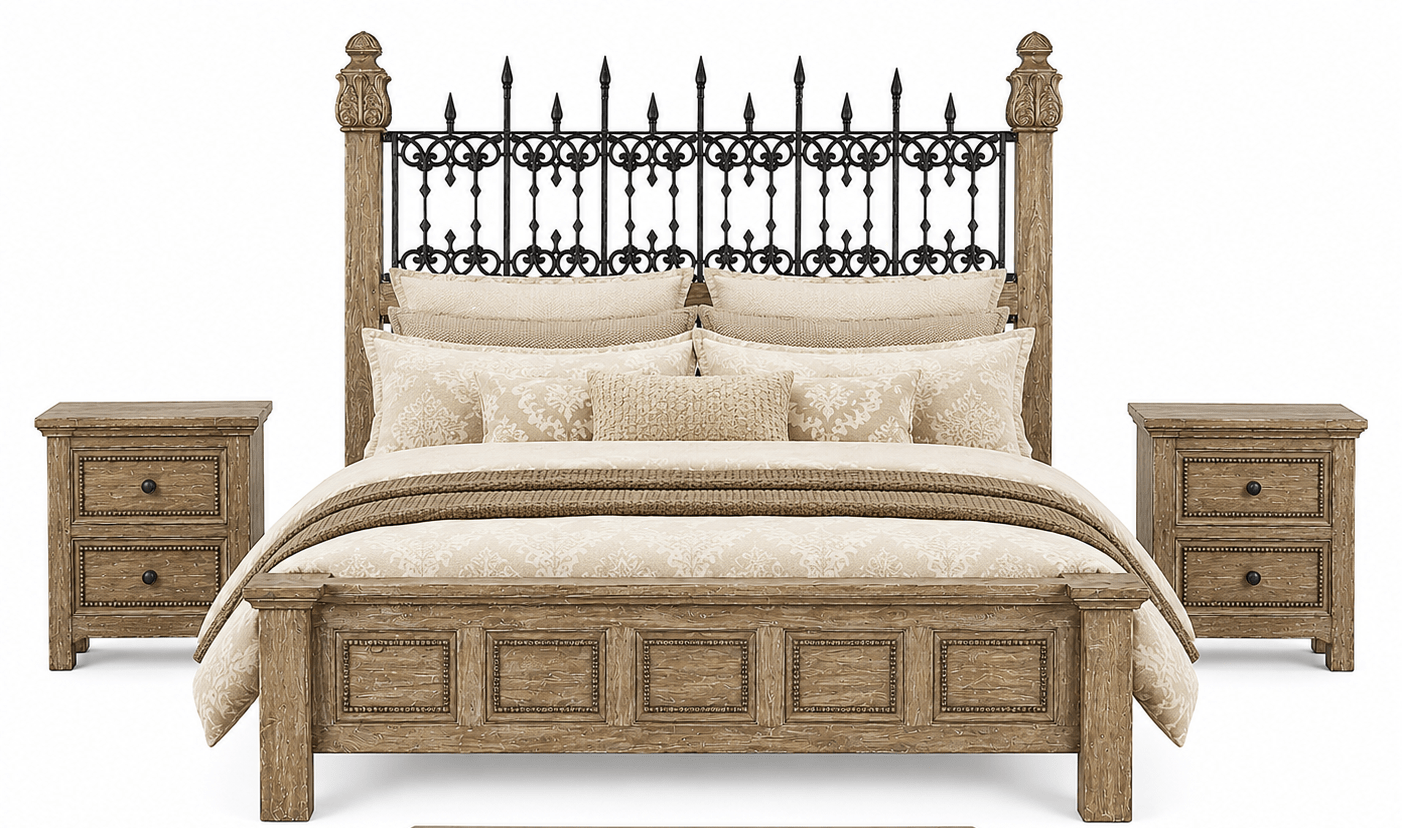 Castilla Forge™ Rustic Gothic Solid Wood &amp; Wrought Iron Platform Bed Collection – handcrafted solid wood furniture