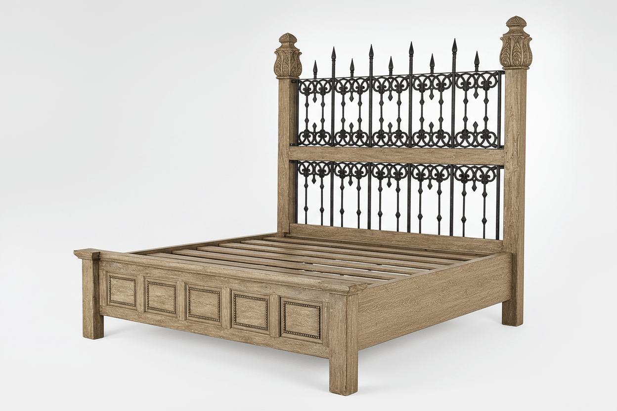 Castilla Forge™ Rustic Gothic Solid Wood &amp; Wrought Iron Platform Bed Collection – handcrafted solid wood furniture