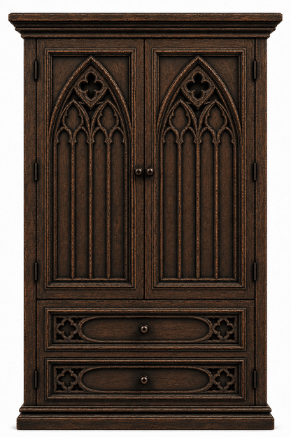 Cathedral Reverie™ Gothic Hand-Carved Solid Wood Armoire – handcrafted solid wood furniture