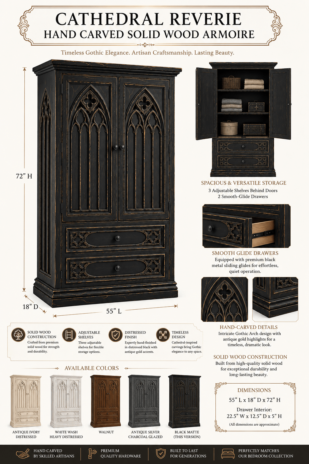 Cathedral Reverie™ Gothic Hand-Carved Solid Wood Armoire – handcrafted solid wood furniture