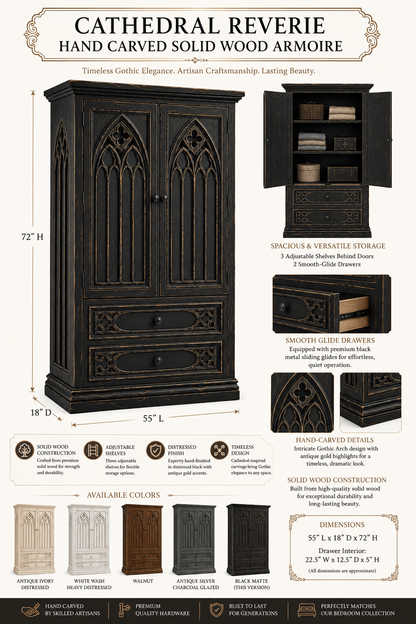 Cathedral Reverie™ Gothic Hand-Carved Solid Wood Armoire – handcrafted solid wood furniture