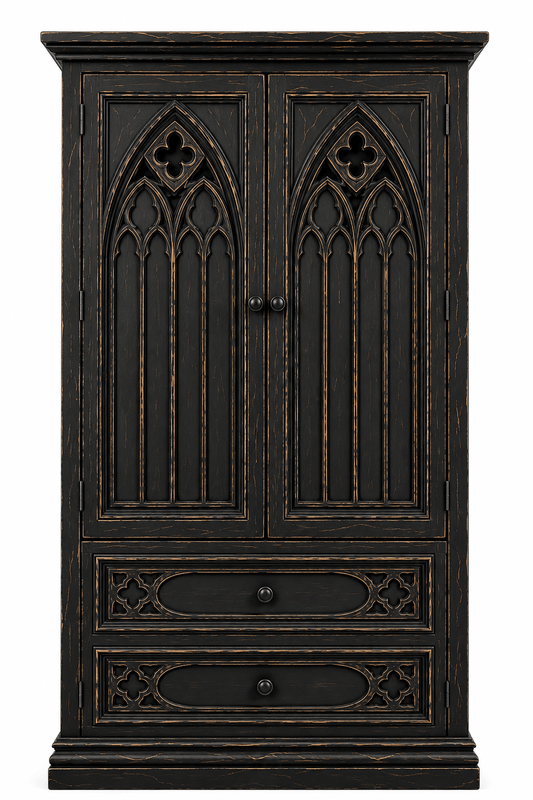 Cathedral Reverie™ Gothic Hand-Carved Solid Wood Armoire – handcrafted solid wood furniture