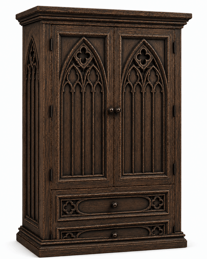 Cathedral Reverie™ Gothic Hand-Carved Solid Wood Armoire – handcrafted solid wood furniture
