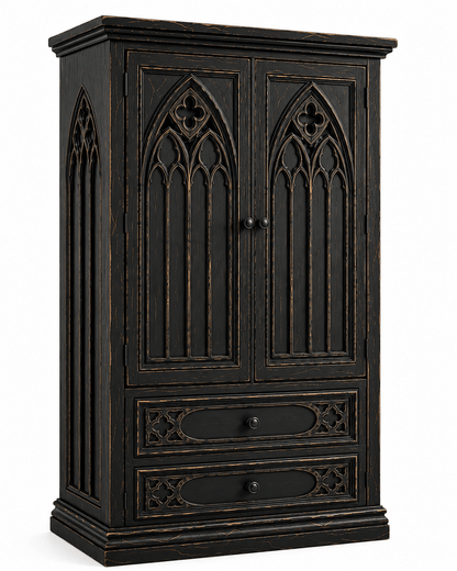 Cathedral Reverie™ Gothic Hand-Carved Solid Wood Armoire – handcrafted solid wood furniture