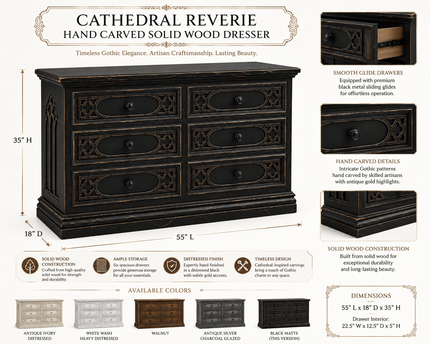 Cathedral Reverie™ Gothic Hand-Carved Solid Wood Dresser – handcrafted solid wood furniture