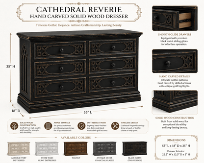 Cathedral Reverie™ Gothic Hand-Carved Solid Wood Dresser – handcrafted solid wood furniture