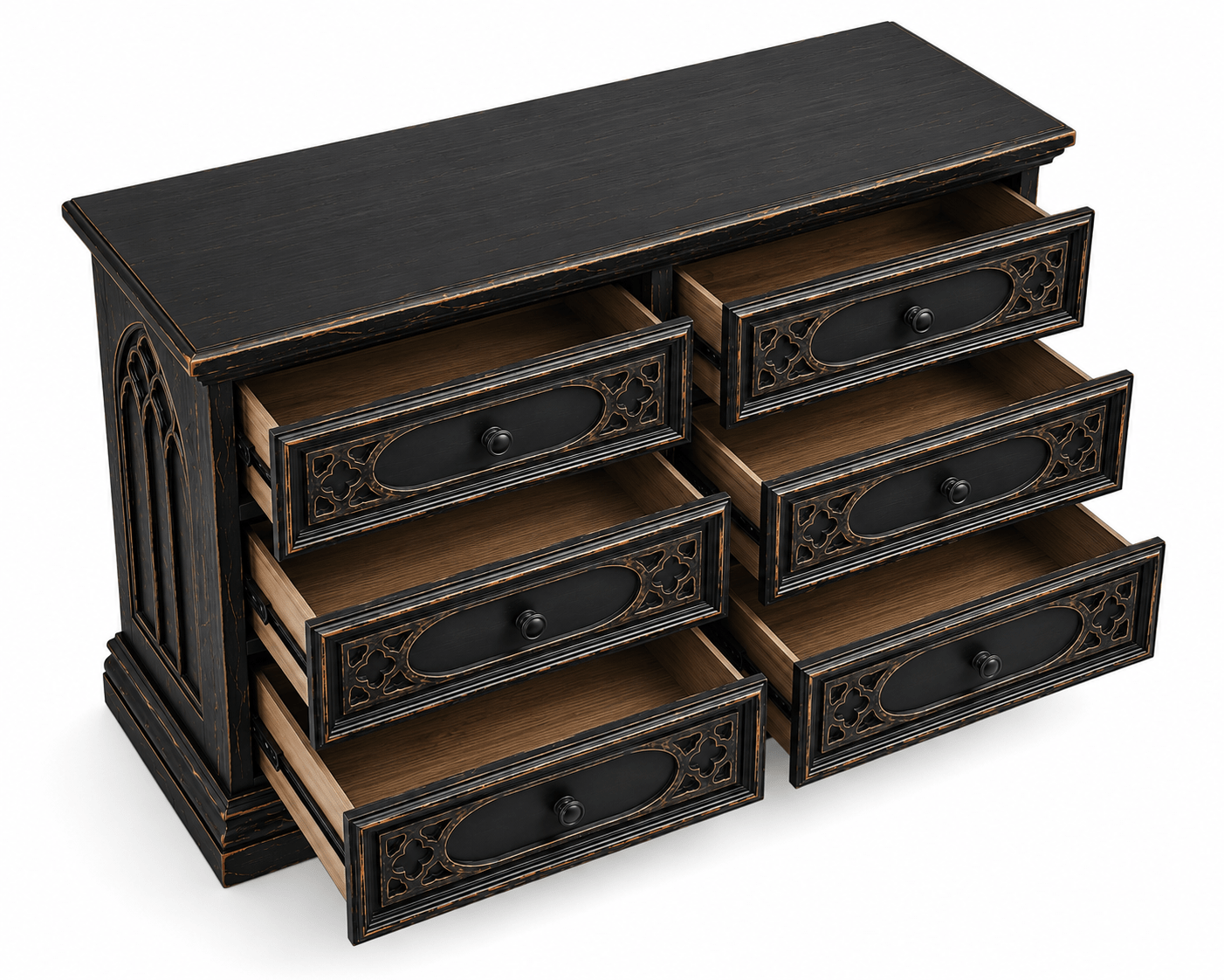 Cathedral Reverie™ Gothic Hand-Carved Solid Wood Dresser – handcrafted solid wood furniture