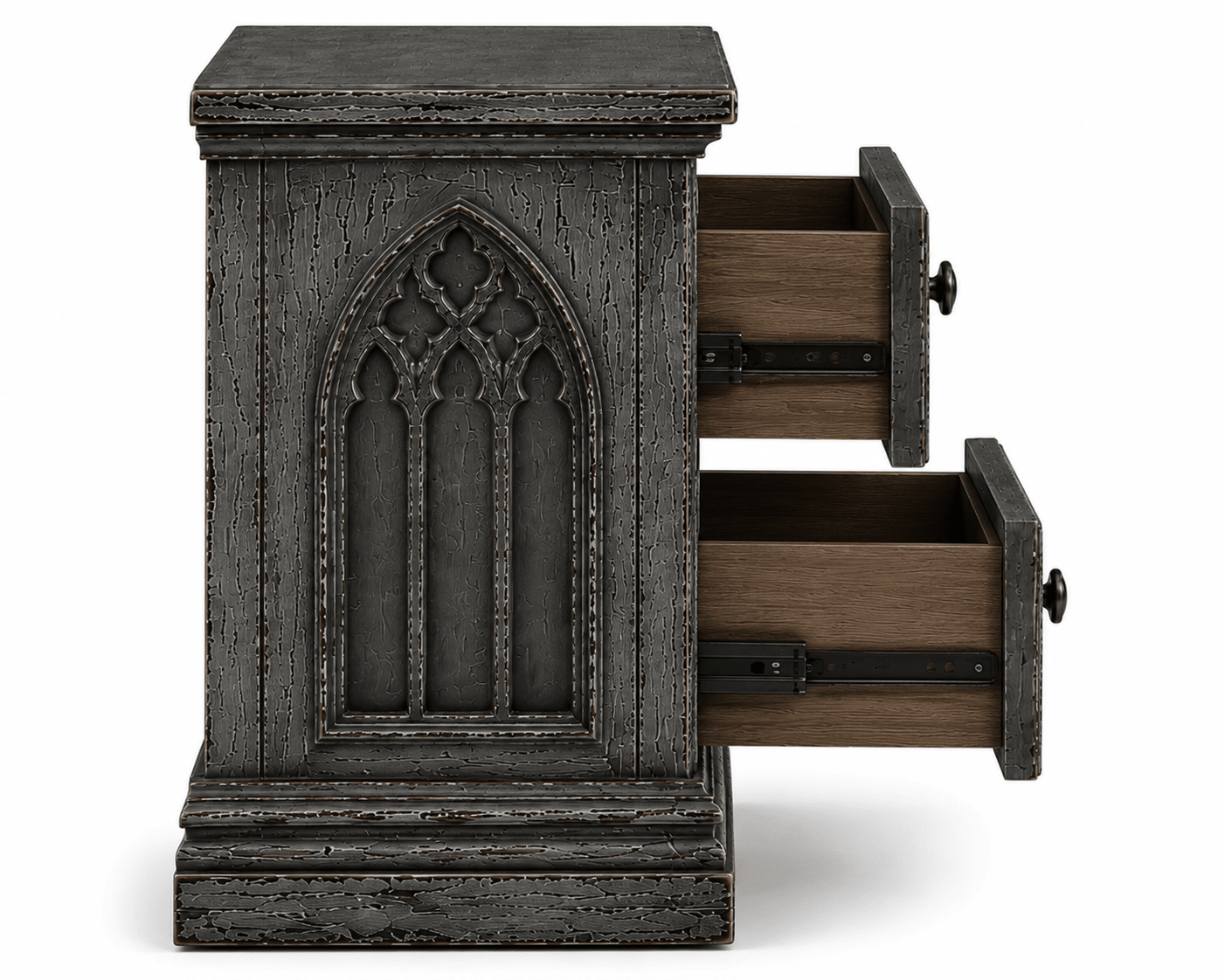Cathedral Reverie™ Gothic Hand-Carved Solid Wood Nightstand – handcrafted solid wood furniture