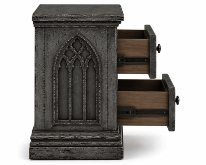 Cathedral Reverie™ Gothic Hand-Carved Solid Wood Nightstand – handcrafted solid wood furniture