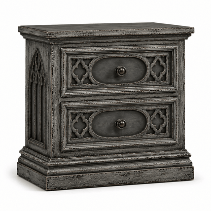 Cathedral Reverie™ Gothic Hand-Carved Solid Wood Nightstand – handcrafted solid wood furniture